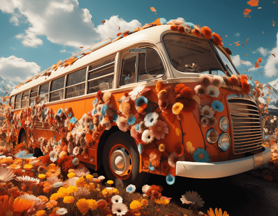A minibus covered in flowers
